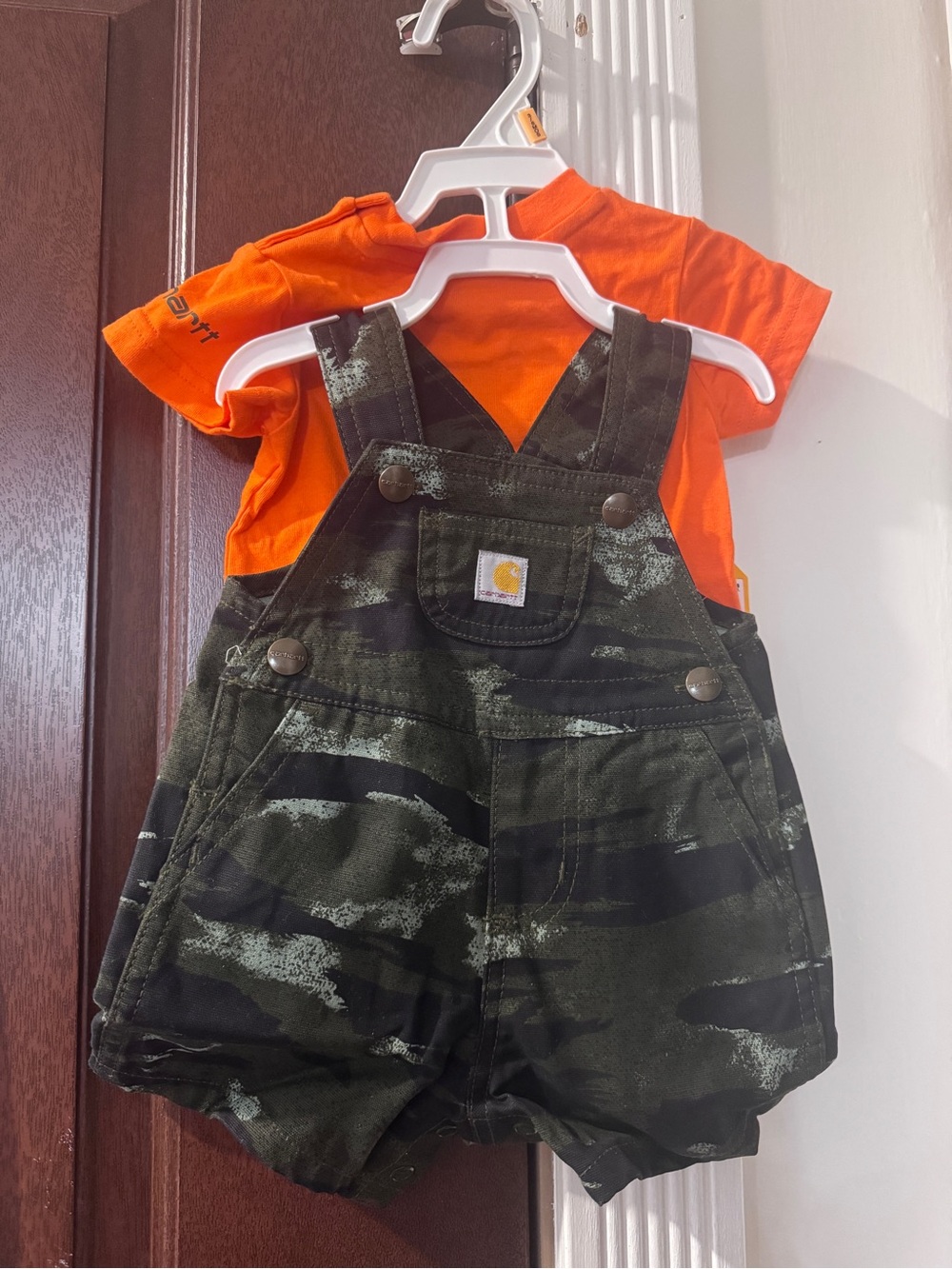 Carhartt Kids Olive Camo Short Overalls with Orange Tee